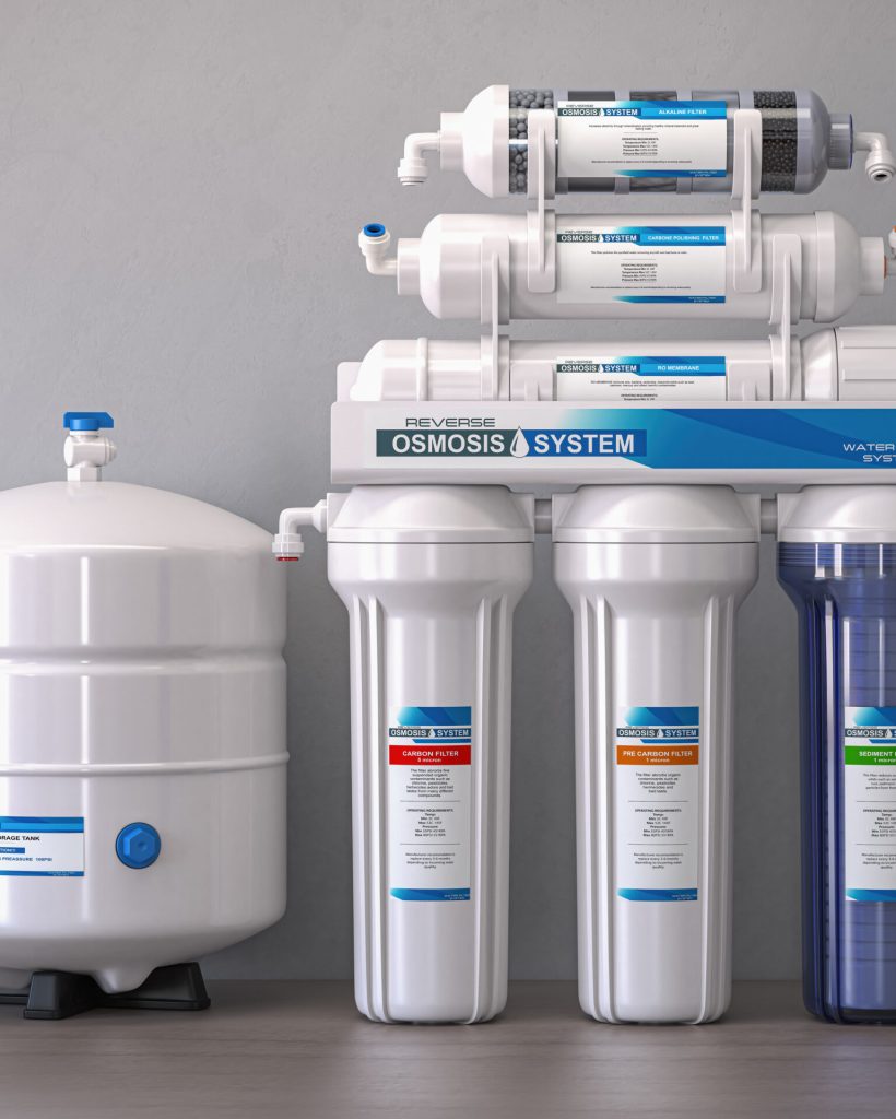 Reverse osmosis water purification system isolaterd on a kitchen table. Water cleaning system. 3d illustration